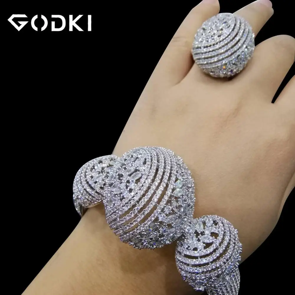 Silver GODKI, роскошный Африканский браслет, кольцо, наборы, модные, Дубай, серебряные, Свадебные Ювелирные наборы для женщин, свадебные brincos para as mulheres - Окраска металла: Silver