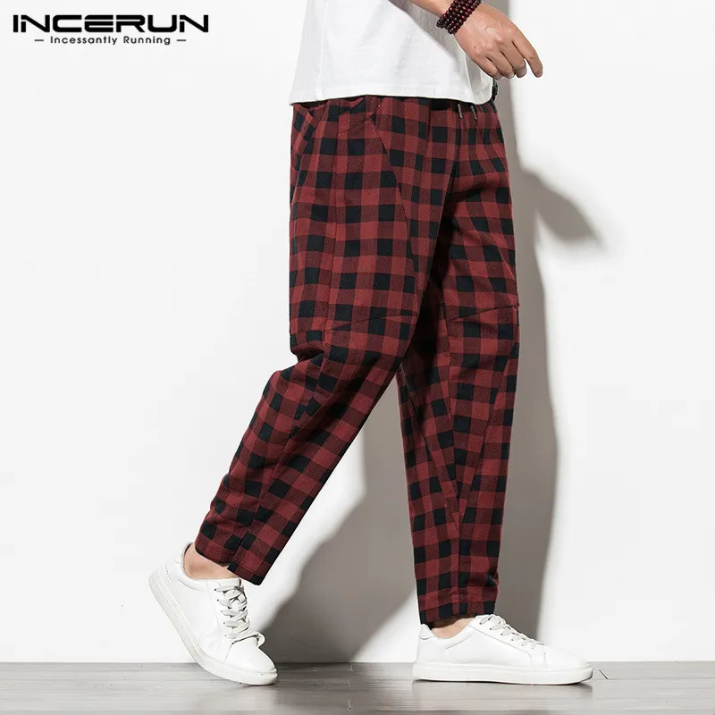 

INCERUN модные штаны-шаровары в клетку штаны мужские заниженным шаговым швом Брюки Досуг шнурок с несколькими карманами повседневные брюки ул...