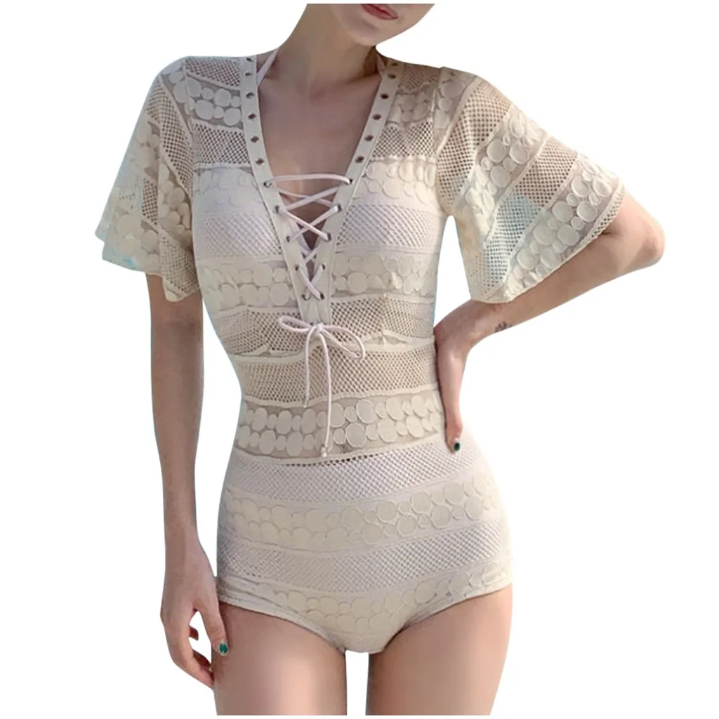 Женский сексуальный кружевной цельный пляжный комплект бикини с рукавом до