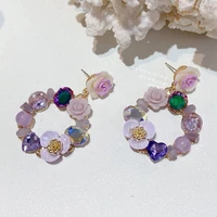 2021 elegant resin purple flower circle drop earrings for women girls fashion purple crystal heart pendientes jewelry gifts