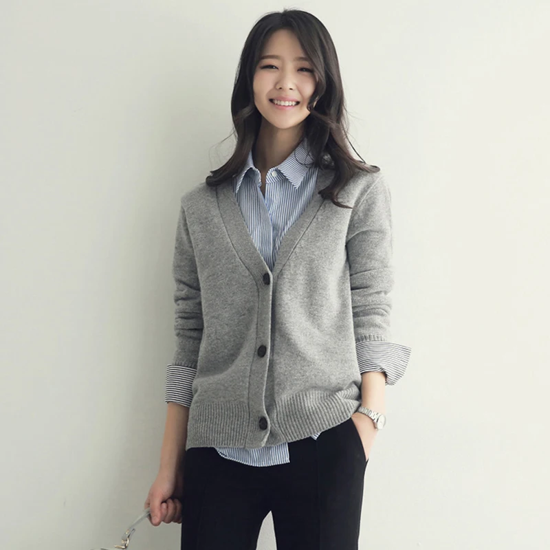 Женский свитер с V образным вырезом Однобортный Теплый кардиган длинным рукавом