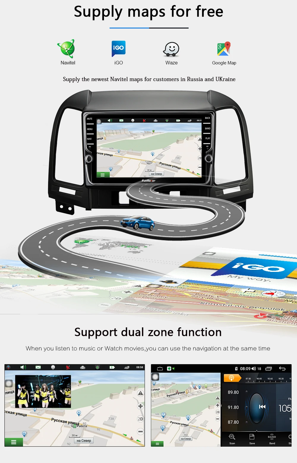 Funrover Android 9.0 dvd-плеер автомобиля для HYUNDAI Santa Fe автомобиля GPS; стереооборудование для автомобиля для HYUNDAI ELANTRA(2007-2011) RDS DSP 4G+64G