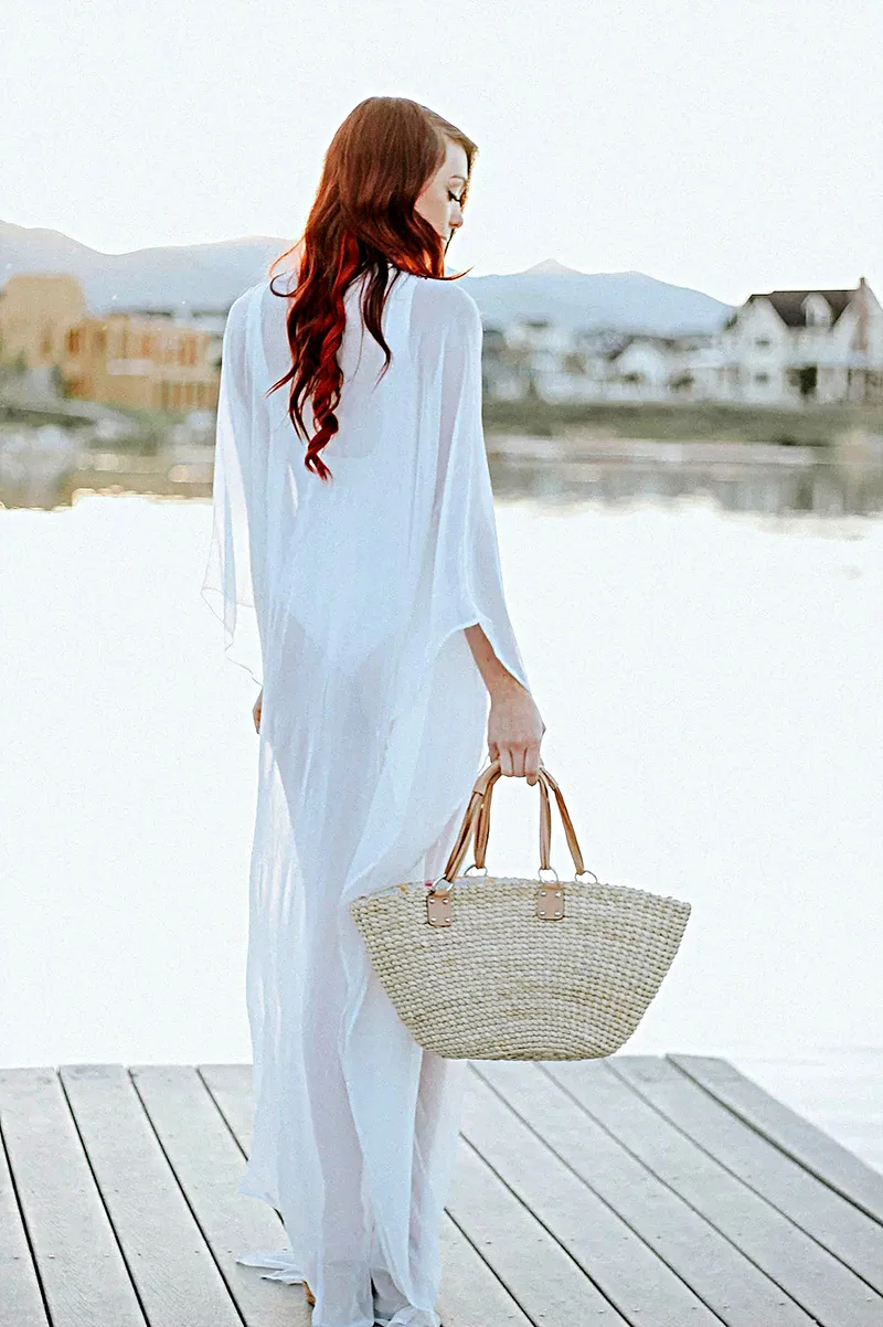 Fitshinling Embroidered Chiffon Long Dress Swimwear Flare Sleeve Sexy Hot White Beach Maxi Dresses Women Holiday Boho Vestidos | Женская