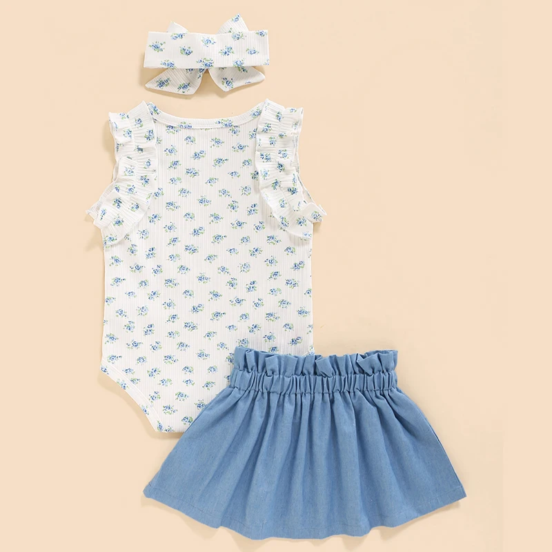 

Summer Big Sale Baby Girl Clothes Sleeveless Vest Blue Floral Print Romper + Denim Skirt With Headband Sets Toddler Outfits