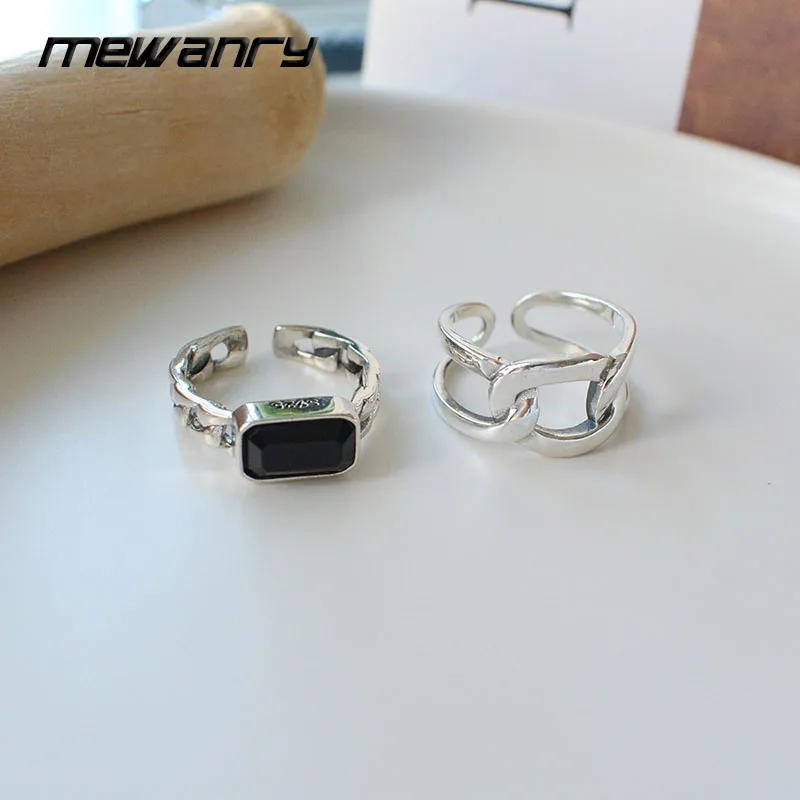

MEWANRY 925 Sterling Silver Rings Black Square for Women Chic Geometric Charming Trendy Design Vintage Luxury Party Jewelry Gift
