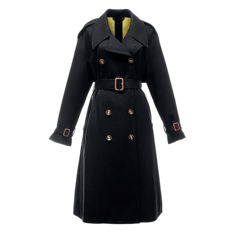 

New Fashion Autumn Casual Double Breasted Simple Classic Long Trench Coat with Belt Female Windbreaker