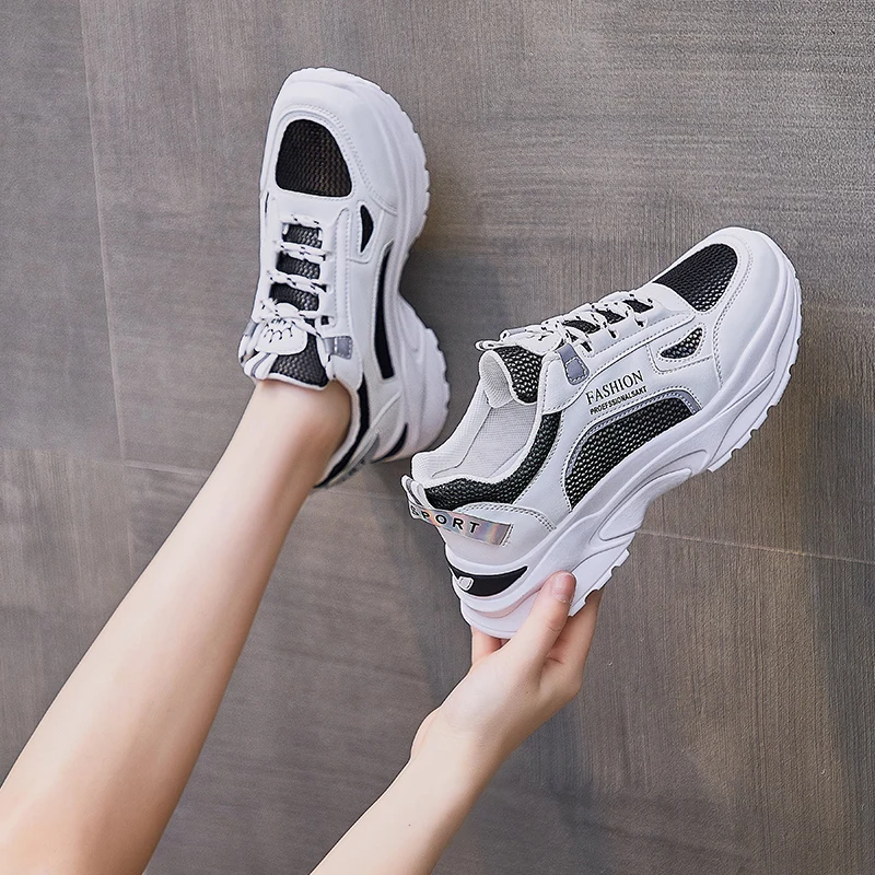 

New Korean Women Sneakers Thick Bottom Vulcanize Outdoor Breathable Height Increasing Shoes Chunky Female Casual Shoes Mesh