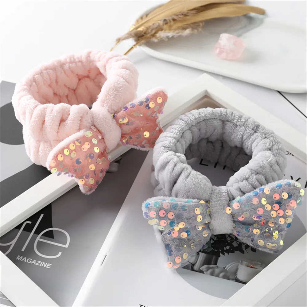 

Korean Version Of The New Plush Hair Band Cute Sequin Bow Makeup Wash Hair Band Embroidery Hair Accessories