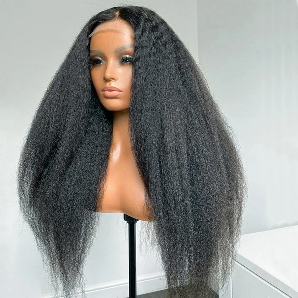 

26 Inch Yaki 180 % Density Kinky Straight Synthetic Front Lace Wig For Black Women Babyhair Preplucked Cosplay Glueless Wig