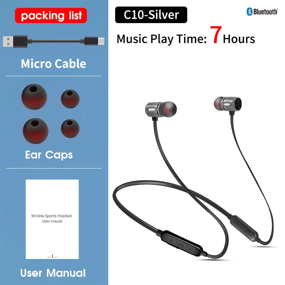 FBYEG, C10 BC10 беспроводные Bluetooth наушники, стерео наушники, Спортивная Bluetooth гарнитура, наушники, магнитный наушник с микрофоном для телефона - Цвет: BC10-Silver-7h