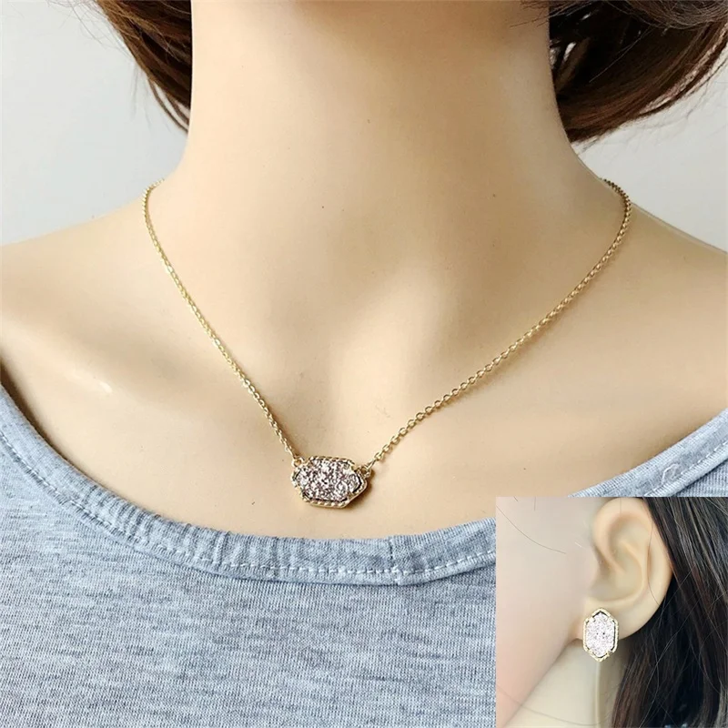 Druzy Drusy ожерелье серьги ювелирный набор кристалл смолы с камнем Золотой Бренд