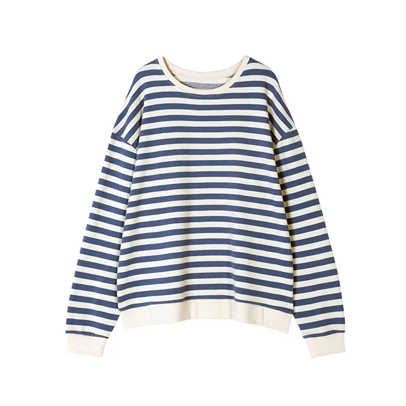 

2021 Spring And Autumn New Long Sleeve Round Neck Striped Pullover Sweater Women's Thin Style Show Thin Korean Loose Top