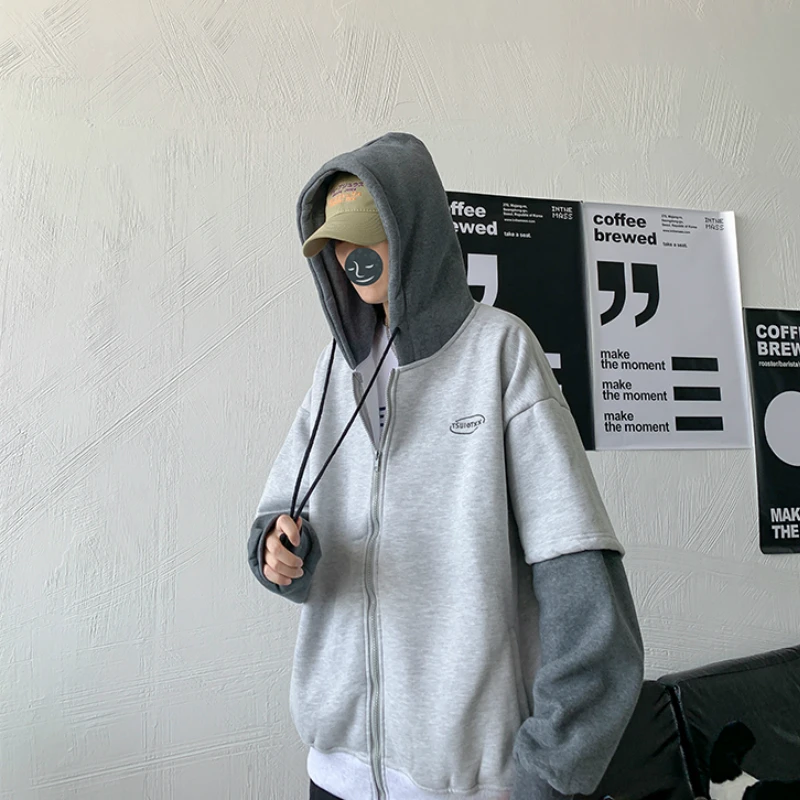 

Men Jackets New Fake 2 Pics Loose Male Outwear Cargo Coat Korean Trendy Ulzzang Teens Causal Overall All-match Streetwear BF Ins