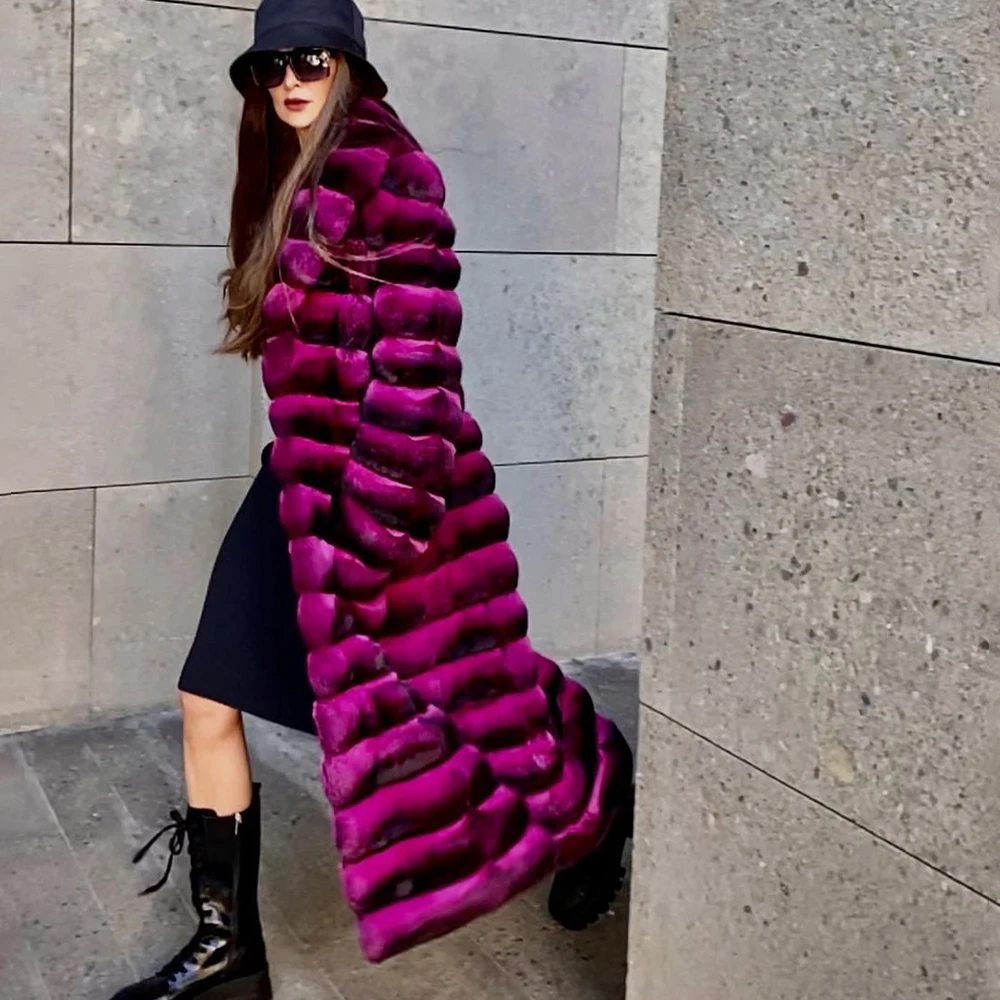 Fashion 110cm Natural Rex Rabbit Fur Coat with Lapel Collar 2022 Winter New Genuine Rex Rabbit Fur Coats Thick Warm Fur Overcoat