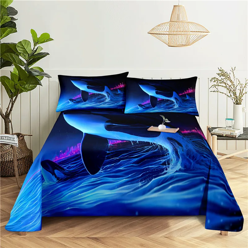 

Cartoon Whale 0.9/1.2/1.5/1.8/2.0m Digital Printing Polyester Bed Flat Sheet With Pillowcase Print Bedding Set