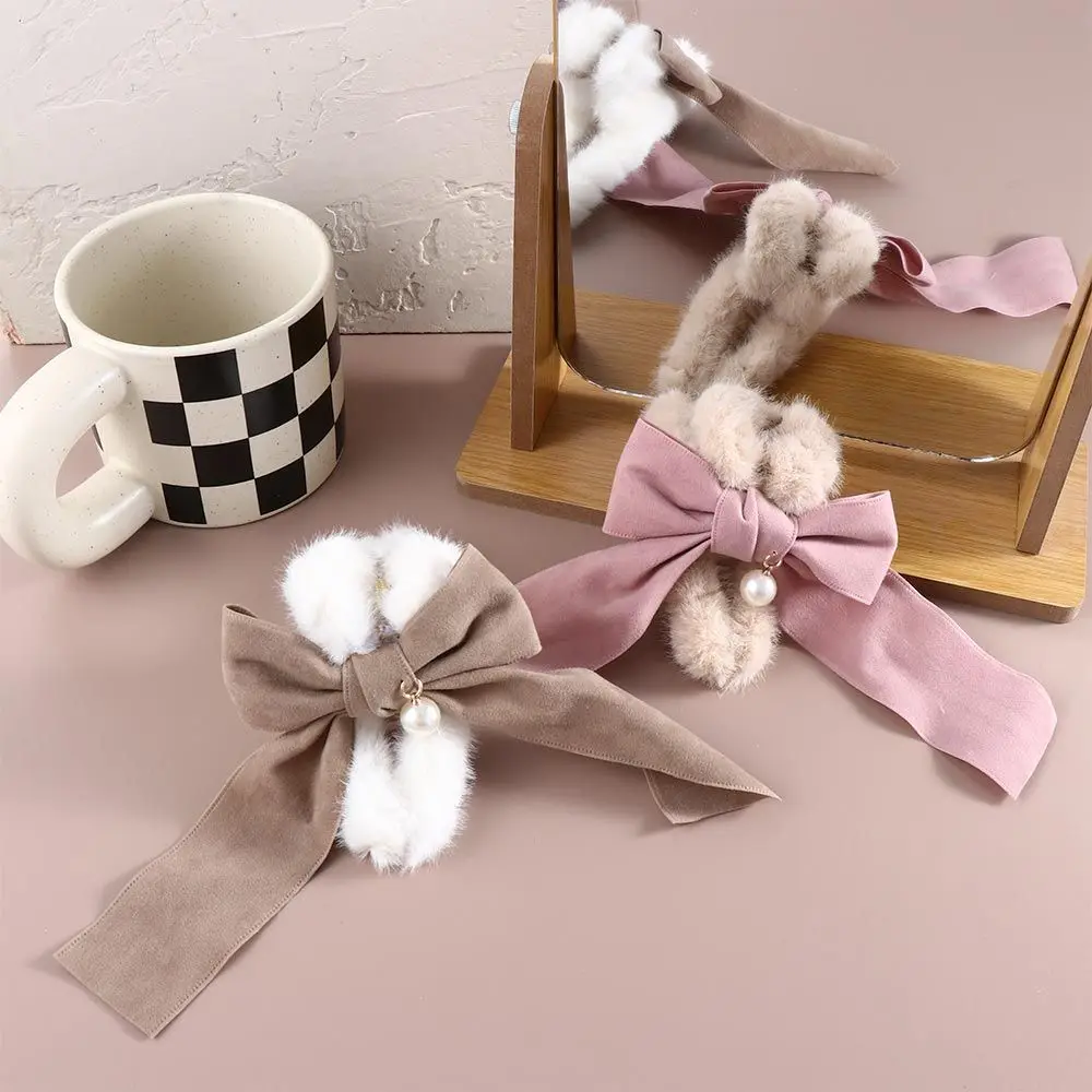 

Korean Cute Plush Hair Claws Ladies Bow Ribbon Ponytail Holder Pearl Crab Clip Autumn and Winter Furry Headwear Hair Accessories