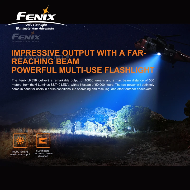 Супер яркий поисковый фонарик Fenix LR35R 10000 люмен с двумя литий ионными батареями 4000