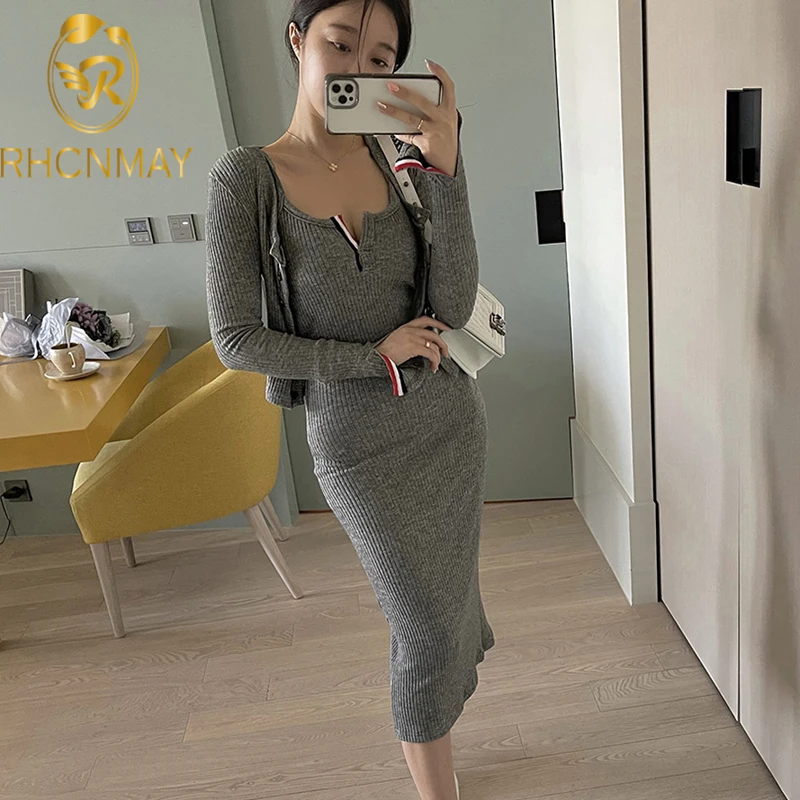 

Knit 2 Piece Set Womens Fall Winter 2021 New Elegant Office Lady Outfits Long Sleeve Long Cardigan Coat + Split Tank Dress Suit