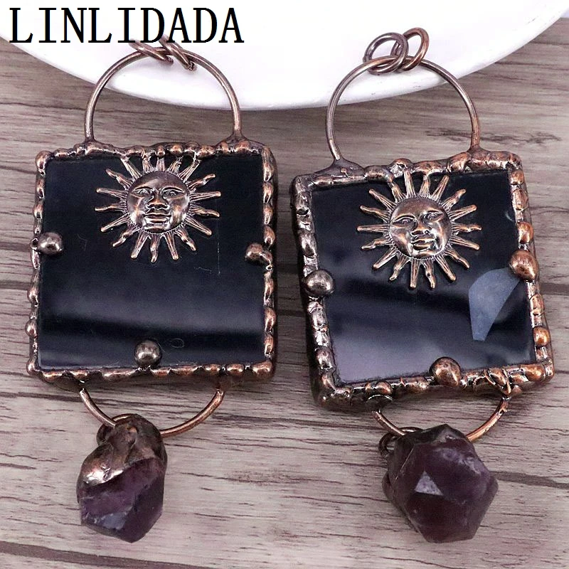 

5Pcs Boho Vintage Soldered Square Black Agates Slice Pendant, Bohemia Amethyst Point Tassel Charms Necklace Jewelry Accessories