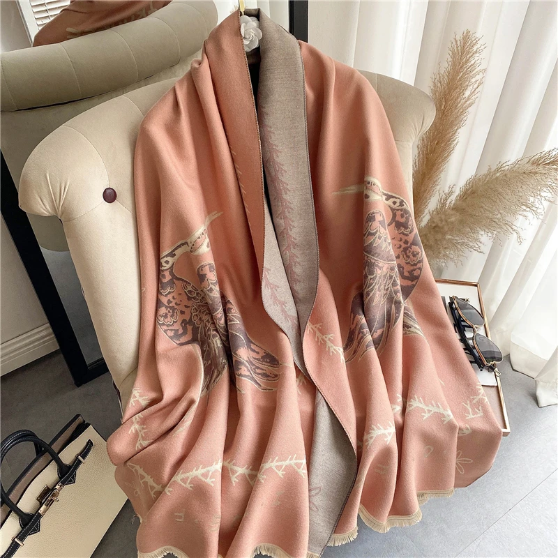 

2021 Animal Pattern Thick Cashmere Scarf Women Shawl Luxury Print Pashmina Warm Winter Blanket Wraps Female Neckerchief Bufanda