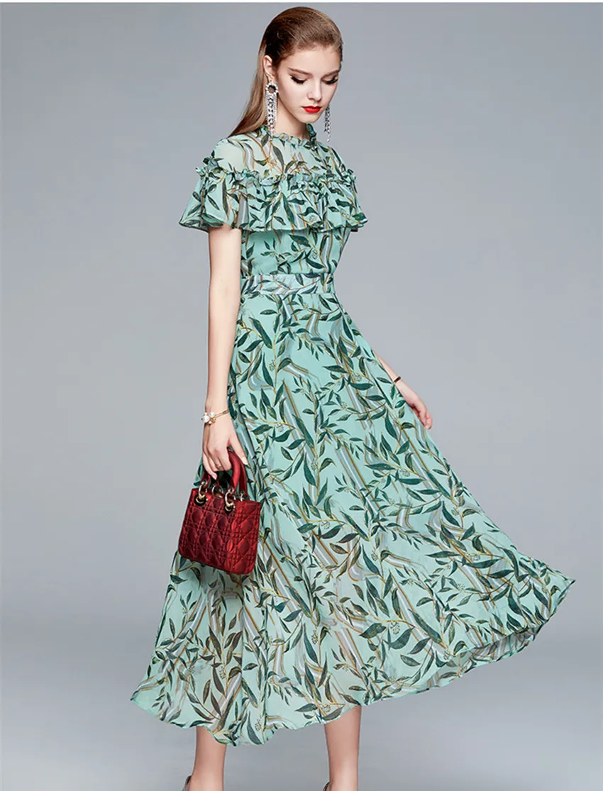 Женское длинное платье с оборками винтажное зеленое из шифона цветочным принтом