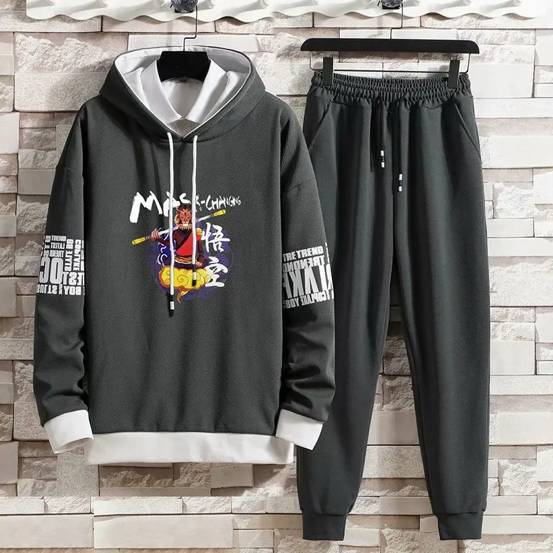 

Men's Hip Hop Hoodie Spring and Autumn Men's Suit Printed Hooded Sweater + Solid Color Leggings Trousers Youth Two-piece Suit