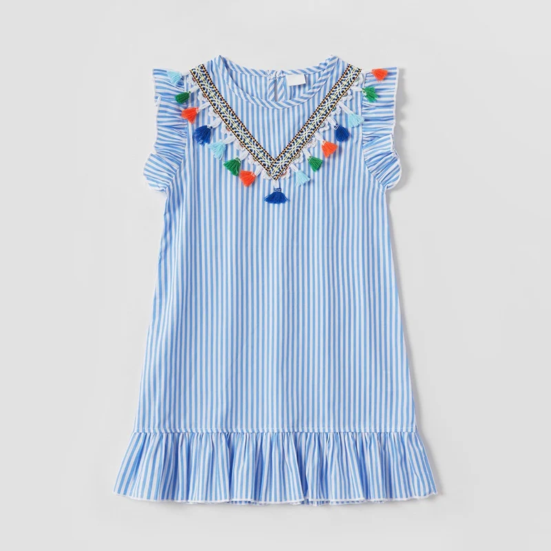 

2021 Fashion Family Matching Outfits Stripe Petal Sleeves Folds Pendant Women Dress Girls Dress Summer Dress Children Dresses