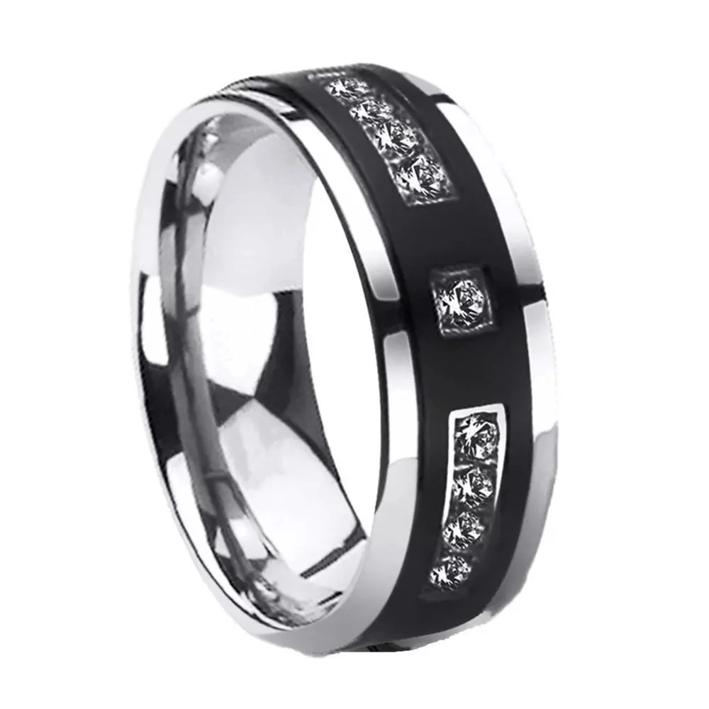 

8mm Men Simple Ring Atmospheric Black White Inlaid Crystal Rings Wedding Engagement Band Cocktail Party Jewelry For Men