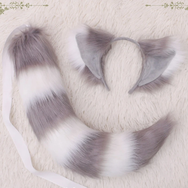2 Pcs Realistic Furry Cat Ears Headband Tail Set Contrast Color Fluffy Plush Striped Animal Cosplay Costume Accessories | Тематическая