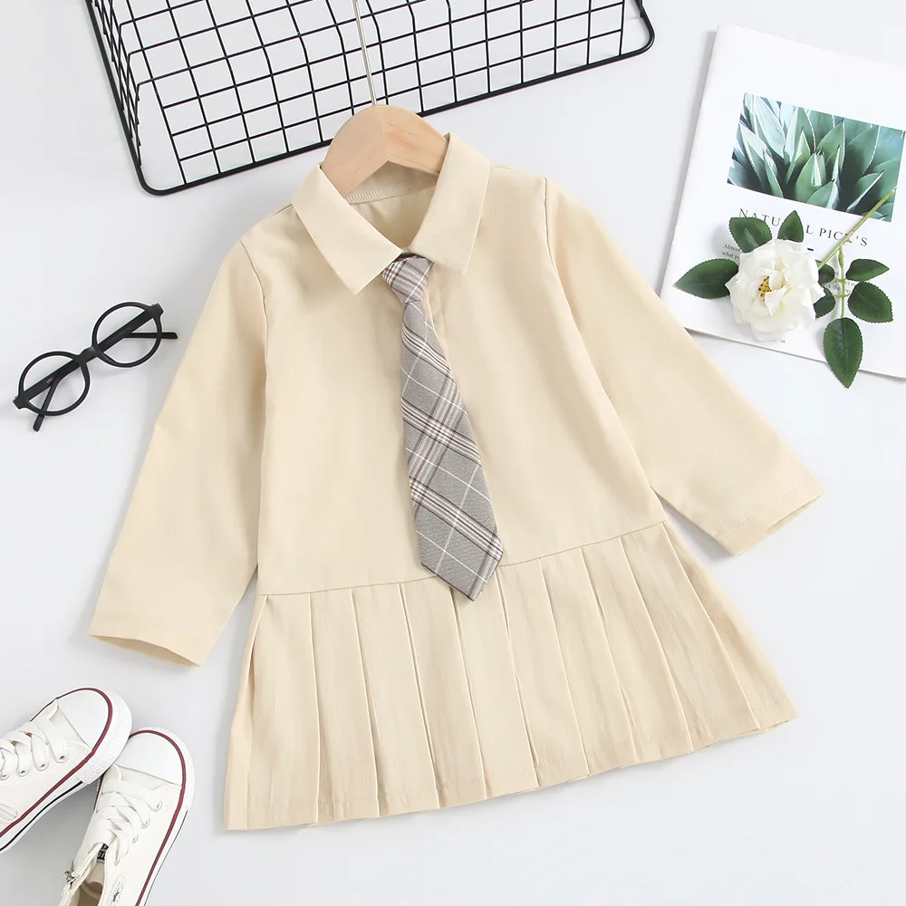

Girls Dress 2021 New Children's Clothes College Style Dress With Necktie Spring Autumn Lapel Long-sleeve Solid Color Dress