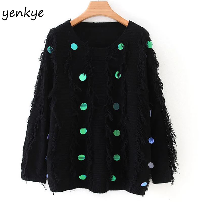 2019 Women Lazy-Style Sequin Knitted Sweater Female Round Neck Long Sleeve Tassel Pullover Autumn Plus Size jumper | Женская одежда