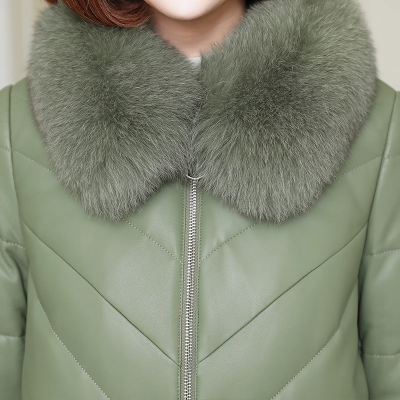 Женская зимняя куртка из натуральной кожи на утином пуху Женское пальто с