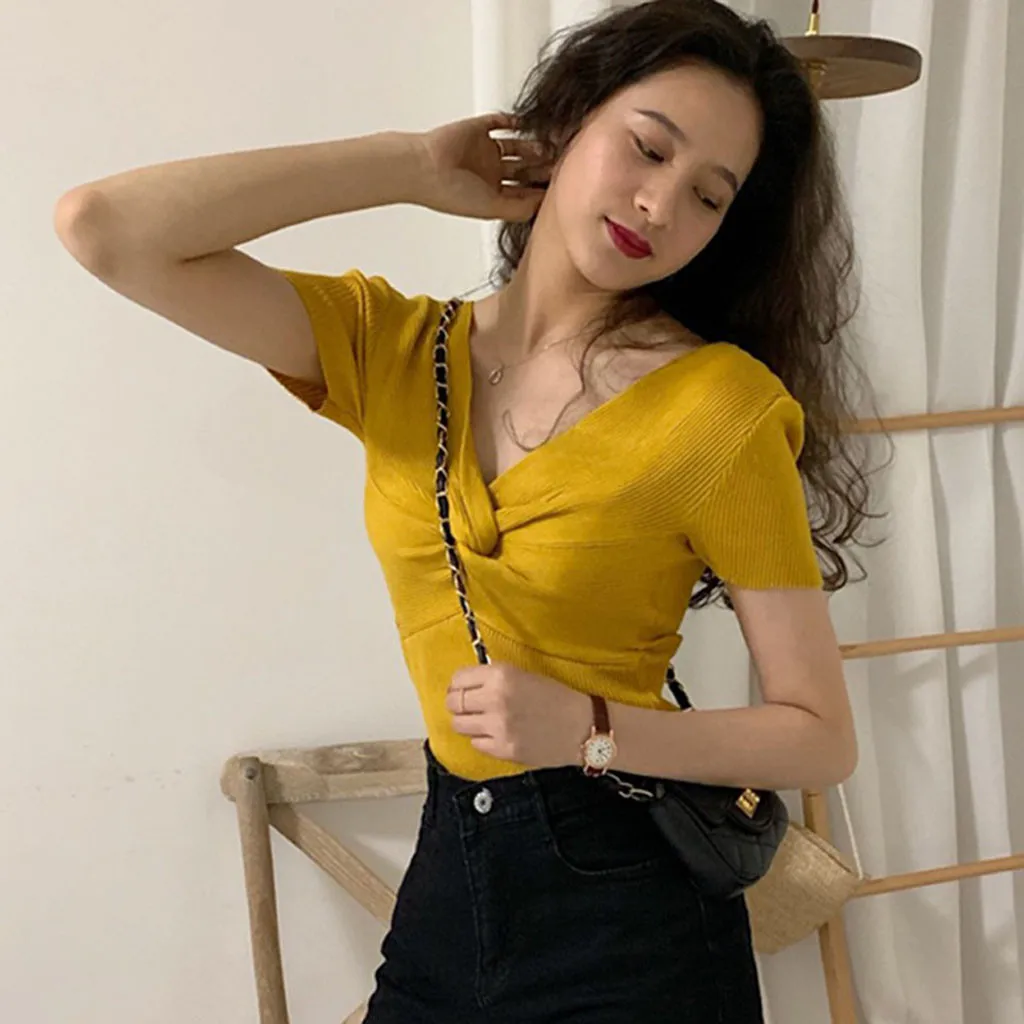 Slim Plain V-Neck T-shirts for Women Short Sleeve Summer 2020 Fashion Elegant camiseta mujer negra #30 | Женская одежда