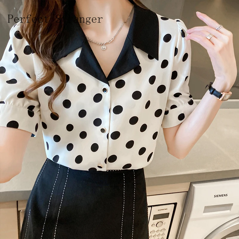 

2021 LeisureWomens Tops and Blouses Short Sleeve Shirts Women Notched Collar Chiffon Women's Blouse Vintage Top Female