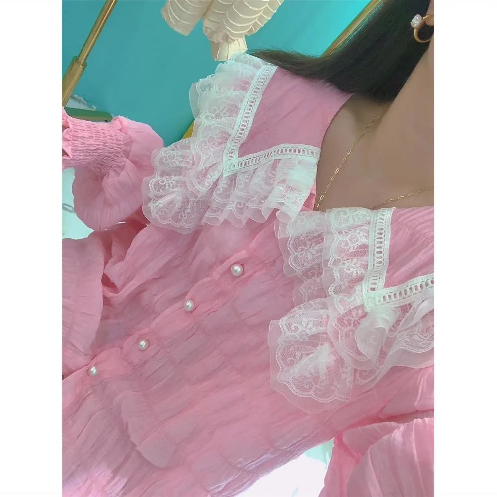 

Женская кружевная блузка, плиссированная рубашка с расклешенным рукавом, осень