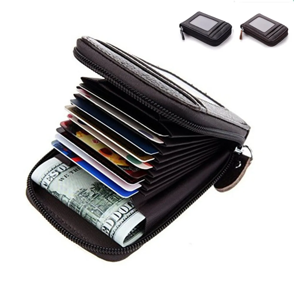 

Multifunctional Vintage Genuine Leather Men Wallet Credit Card Holder Cowhide Zipper Money Pouch Card Protect Case Pocket Purse