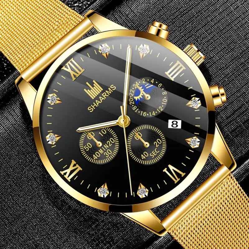 Модные черные мужские часы с бриллиантами и римскими цифрами сетчатые из