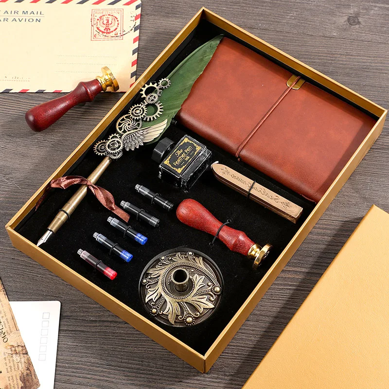 

Feather Pen Retro Calligraphy Pen Set with Ink Bag Ink Extraction Tube Pen Feather Notebook Fire Paint Seal Stationery Gift Box