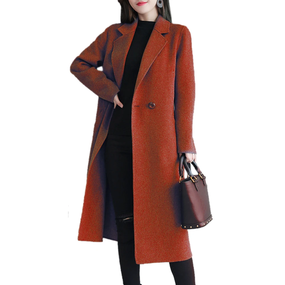 

Solid Color Women Blends Coats Korean Turn Dowen Collar Mid-Length Outwear Wools Elegant Office Lady Outerwear Winter