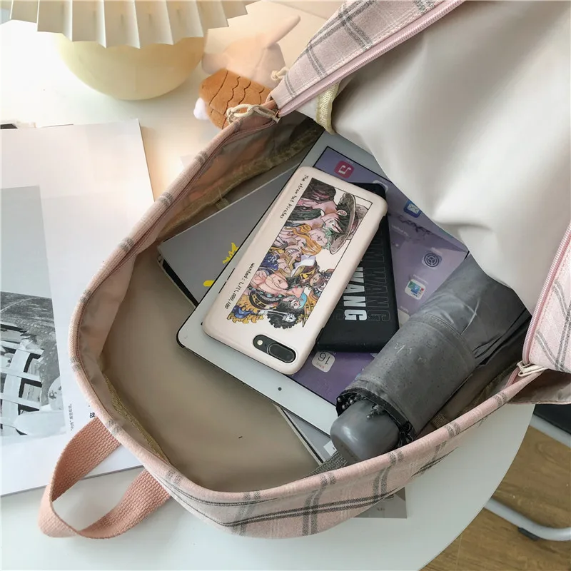 

Large Capacity Multi-pocket Cotton and Linen Women Backpack Preppy Style Plaid Schoolbag College Student Laptop Backpack