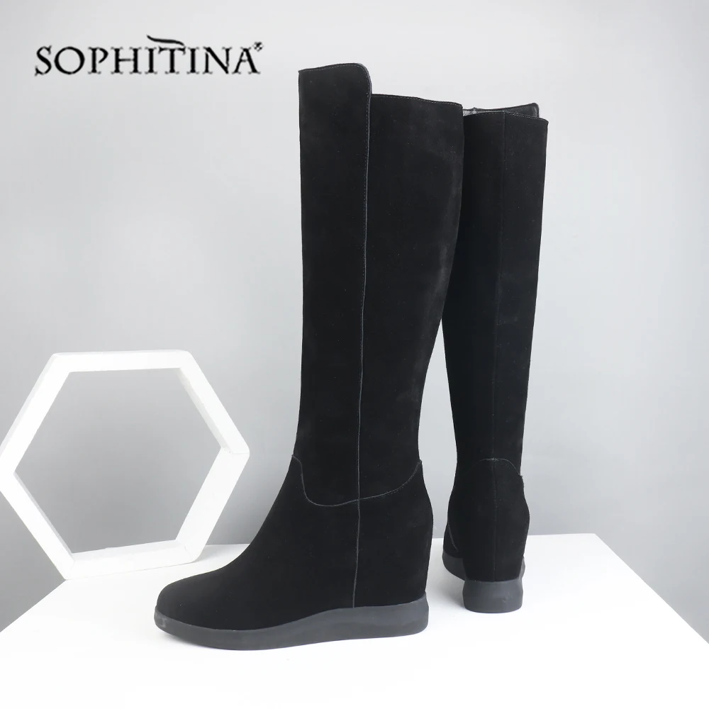 Ботинки женские замшевые на танкетке с круглым носком молнии | Обувь