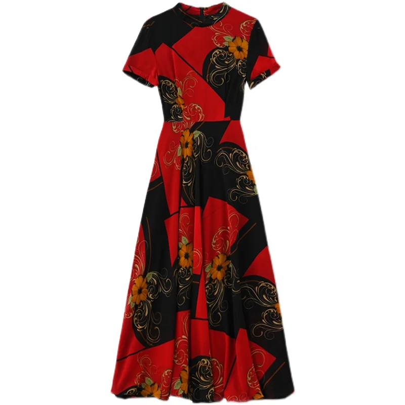 

COIGARSAM 3XL Plus Size Floral Print Women Long dress New Summer Chiffon High Waist Dresses Red Green Blue 2881