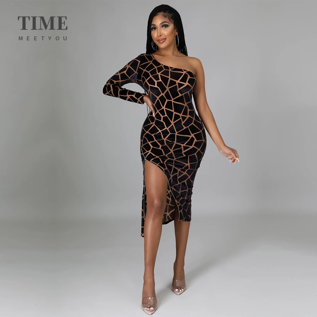 

Fashion Women Printed One Shoulder Long Sleeved Club Evening Dress Side Zipper Slit Off Shoulder Mid Dresses Autumn Sexy