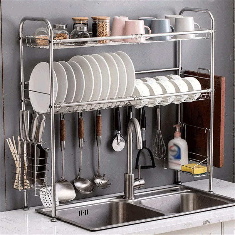 

2 Tier Stainless Steel Dishes Rack Dual Sink Drain Rack Kitchen Oragnizer Storage Rack Dish Shelf Sink Drying Rack Drainer