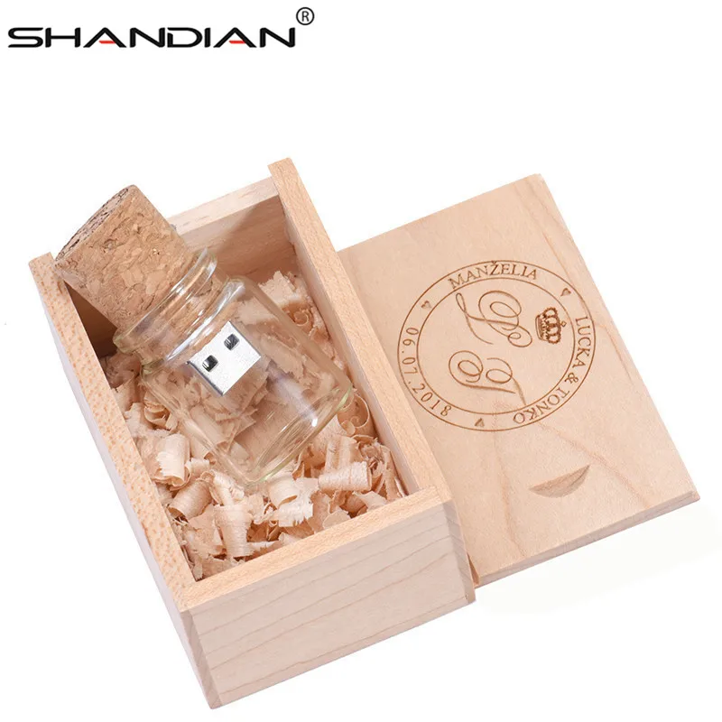 SHANDIAN Горячая Стекло дрейф бутылек usb флэш-накопитель память флешки деревянная
