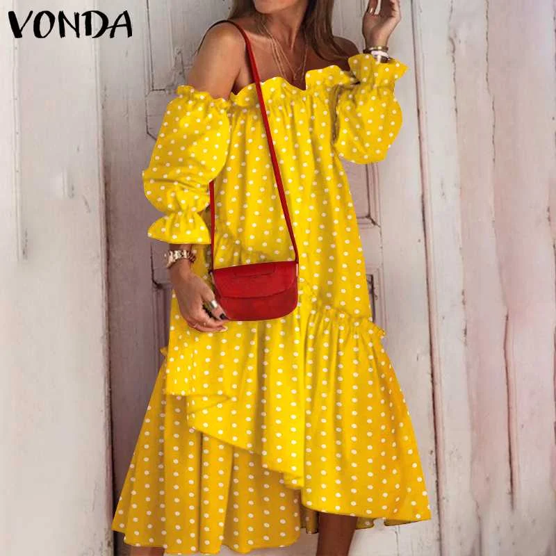 

Women Asymmetric Dress 2021 VONDA Vintage Polka Dot Dresses Flare Sleeve Off Shoulder Ruffled Party Vestido Oversized Robe Femme