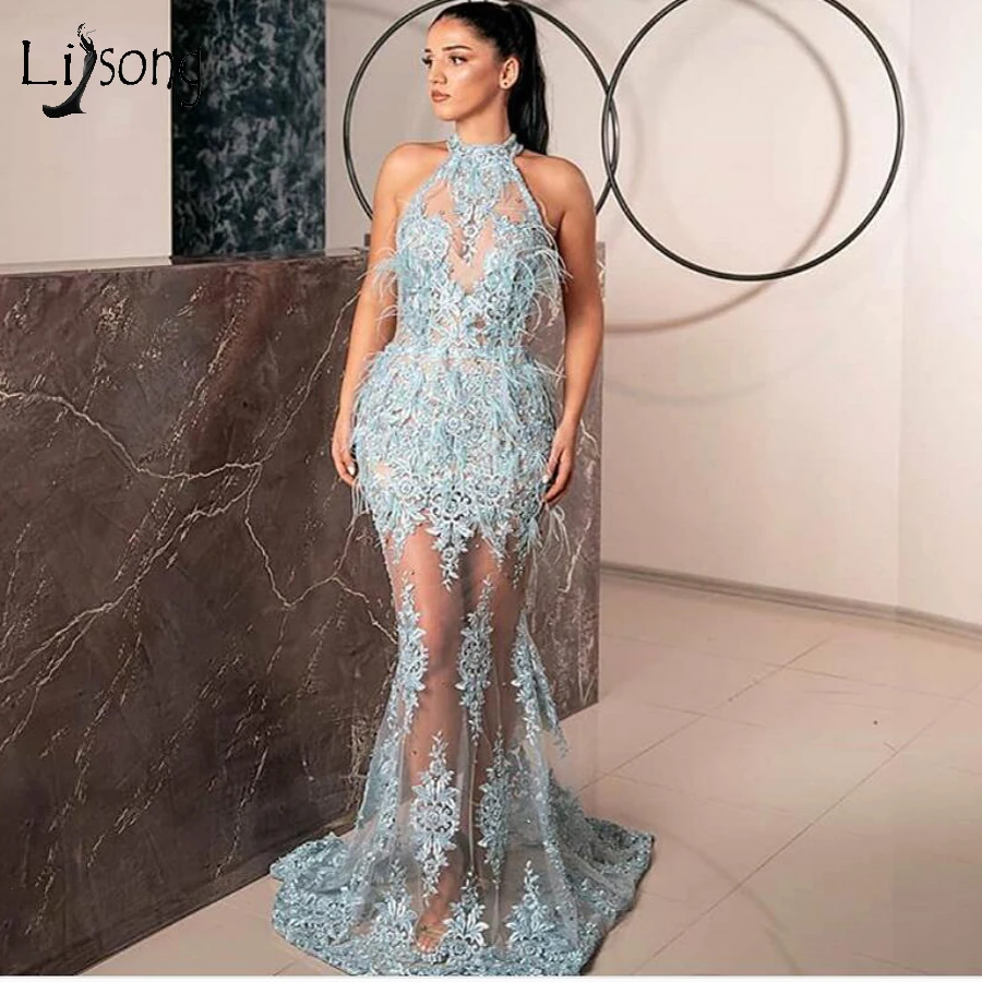 

Sexy Illusion Lace Mermaid Evening Dresses Feather Long Prom Gowns High Collar Baby Blue Formal Party Dress New Evening Gowns