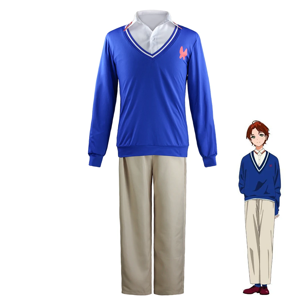 

Anime Cosplay Costume Wonder Egg Priority Sawaki Momoe Uniform Suit Campus Style Blue Knitted Top Wig