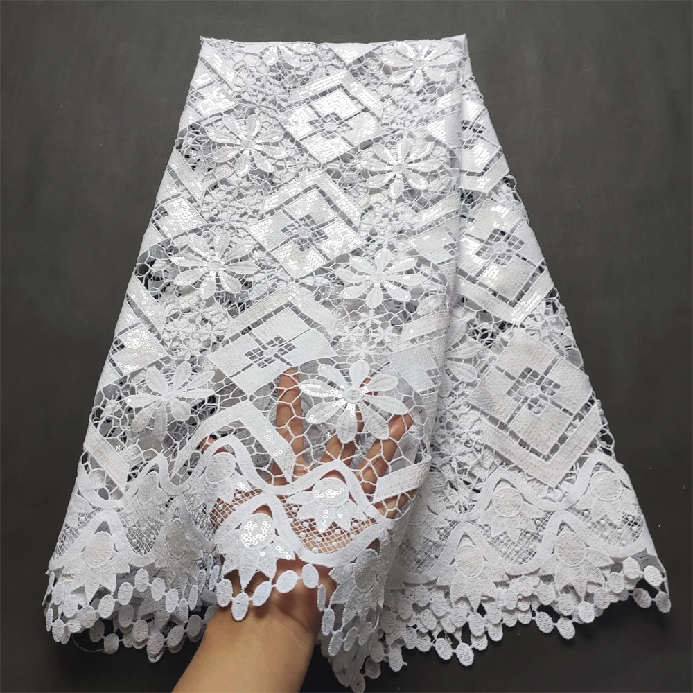 

2021 New design white cord laces sequins 5 yards embroidery fabrics high quality African wedding party dress DIY guipure laces