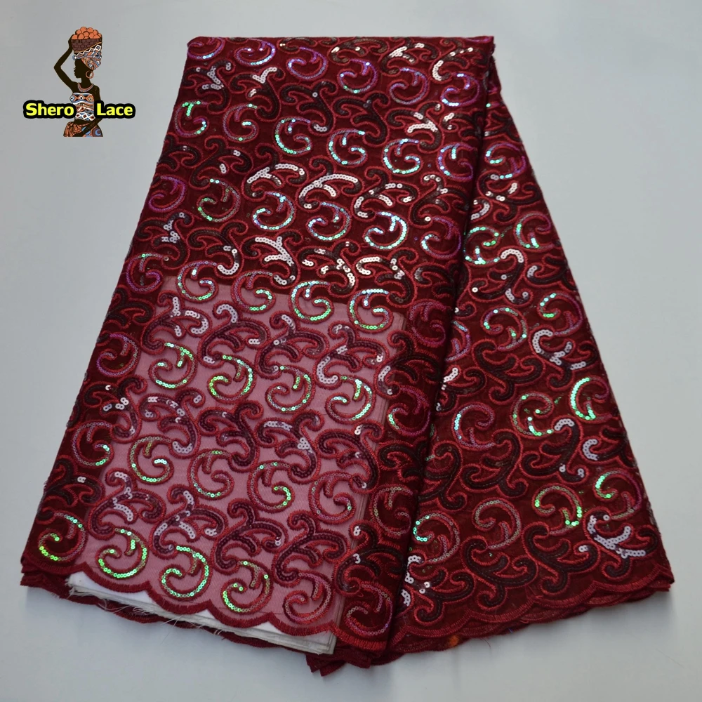 Африканская кружевная ткань из органзы Нигерия пурпурная с блестками для